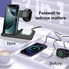 三合一快速无线充电器底座兼容 17/16/15/14 Pro Max/14 Pro/14 Plus/13/12/11/X/8 系列，兼容 Ultra/SE/10/9/8/7/6/5/4/3/2，兼容 Pro/3 多设备可折叠便携式充电支架 - 黑色 - 查看 12