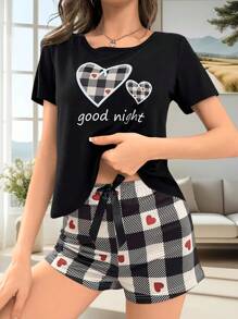 Tricou cu mânecă scurtă de vară pentru femei, cu imprimeu de inimă și litere, pantaloni scurți cu imprimeu în carouri, costum de acasă asortat pentru cupluri