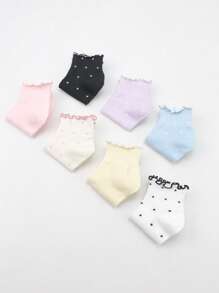 7 双女士休闲袜，卡通波尔卡圆点和荷叶边装饰设计，柔软舒适宽松袜子，适合日常、居家、办公室、学校、运动穿着 - 彩色 - 查看 5