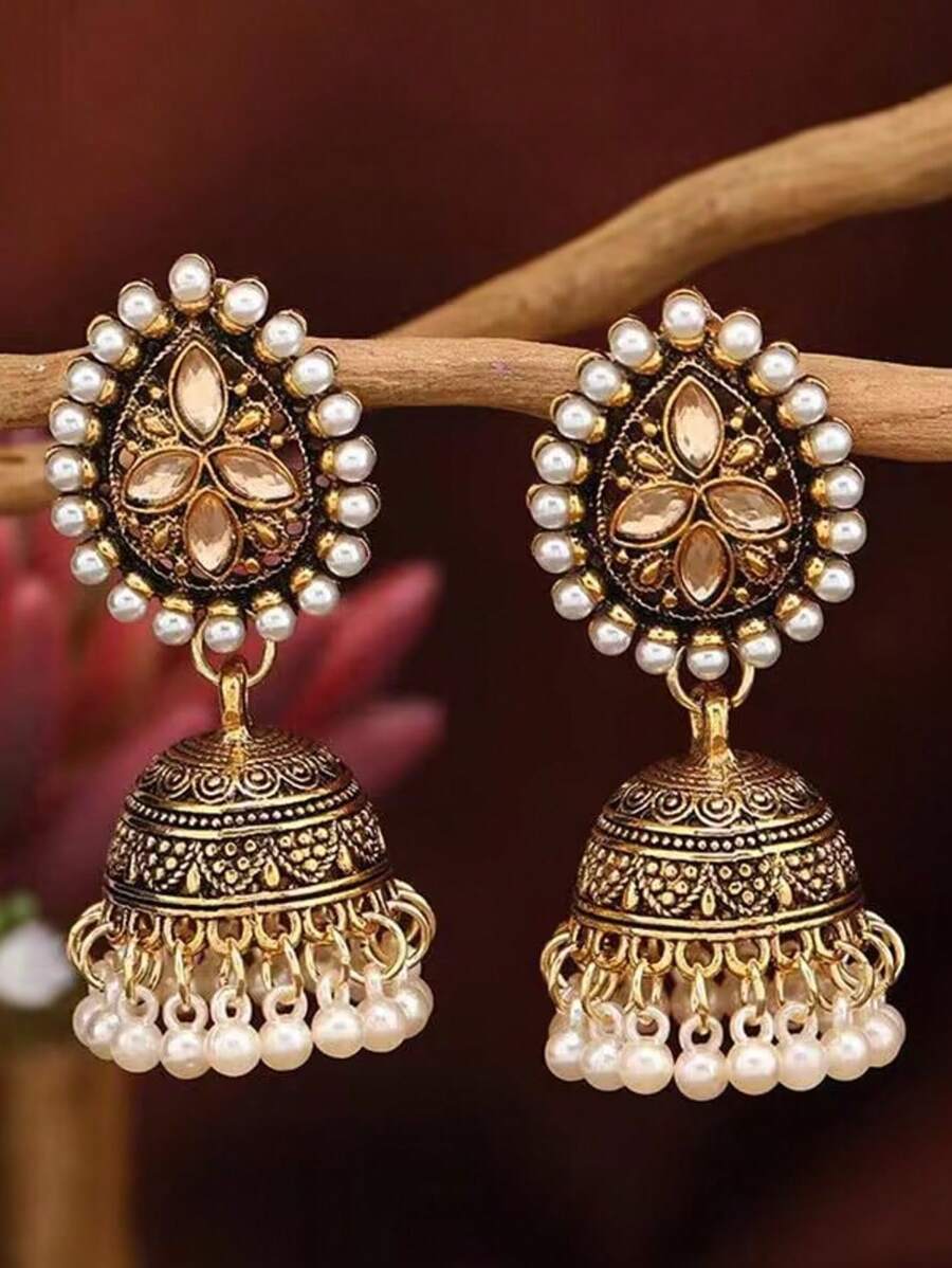 1 Pair Pearl & Rhinestone Water Drop Shape Tassels Alloy Earrings, Bohemian Bell Dangle Earrings