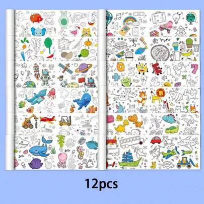 6pcs Graffiti Pattern Coloring Drawing Paper, Long Scroll, Wall-Protective, Can Be Mounted On The Wall For Drawing