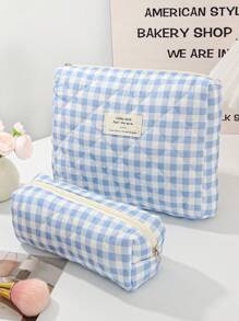 1 Pieza Bolsa de maquillaje con estampado de tablero de ajedrez para mujer, juego de bolsas de cosméticos azules lindas para decoración del hogar, bolsa con capacidad grande con asa, bolsa de maquillaje a cuadros azules, adecuada para almacenar brochas de maquillaje, lociones, limpiadores faciales, lápices labiales, pequeña bolsa de belleza para salones de uñas
