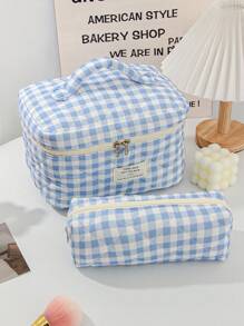 1 Pieza Bolsa de maquillaje con estampado de tablero de ajedrez para mujer, juego de bolsas de cosméticos azules lindas para decoración del hogar, bolsa con capacidad grande con asa, bolsa de maquillaje a cuadros azules, adecuada para almacenar brochas de maquillaje, lociones, limpiadores faciales, lápices labiales, pequeña bolsa de belleza para salones de uñas
