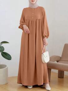 Modest Long Sleeve Round Neck Arabic Style Dress, Button Front, Bishop Sleeves, Slightly Stretchy Fabric