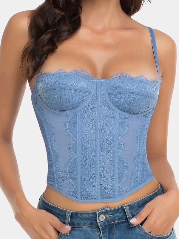 1 pieza Top tipo corsé para mujer para salir, top de noche de encaje y malla con tirantes de espagueti para fiesta y club