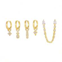 5 Pieces/Set - Geometric Micro Inlaid Zirconia Three-Dimensional Water Droplet Rectangular Square Chain Women's Earring Ear Buckle, Fashionable, Simple And Gorgeous Women's Earring Ear Buckle Set, Suitable For Wearing On Dates And Dinners - Multicolor - View 8