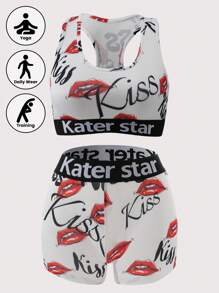 [Character Series]Women's Letter Print Sports Bra And Pantines Set Lingerie - White - View 1