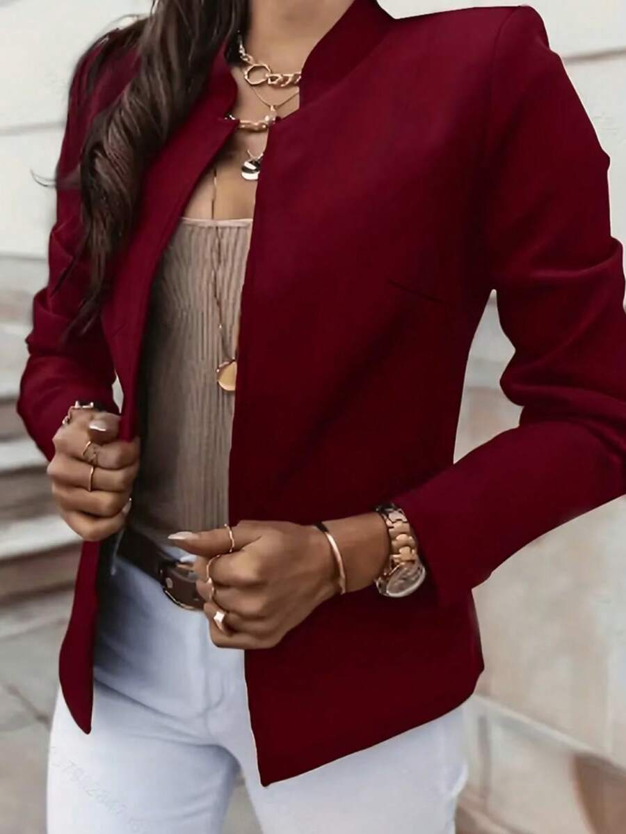 Plus Size Women's Casual Solid Color Stand Collar Blazer - Burgundy - View 1