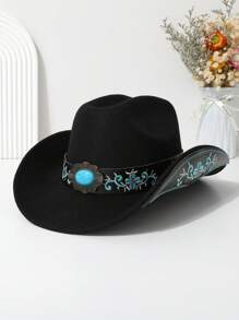 1 件女士时尚纯色檐帽，优雅刺绣多色宝石腰带牛仔帽，男女通用奢华英式风格帽子，配蓝绿松石装饰腰带，百搭波西米亚涤纶（涤纶）宝石帽，适合所有季节 - 彩色 - 查看 5