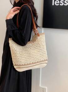 1 pieza Bolso de playa de estilo casual, con bloques de color, rayas y abertura, adecuado para mujeres de vacaciones