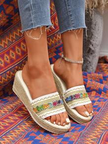 Women's New Fashion Thick Sole Woven Band Rope Wedge Platform Slide Sandals, Outdoor Wear Personalized Comfortable Casual Classic Slip-On Flats - Multicolor - View 3