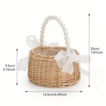 1 pièce Panier de fleur de demoiselle d'honneur en rotin fait main, panier de mariage avec poignée en perles et nœud en ruban. Parfait pour les mariages, Pâques et cadeaux de fête