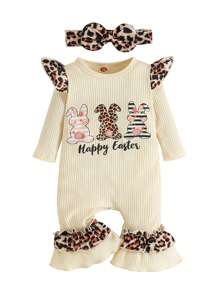 Baby Girl Easter Jumpsuit Set Rabbit  Letter Print Long Sleeve Ruffle Romper With Bow Headband - Apricot - View 10
