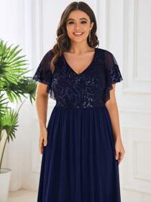 EVERPRETTY Plus Elegant V Neck Floral Sequin Contrast Tulle Spring Formal Dresses For Bridesmaid - Navy Blue - View 4