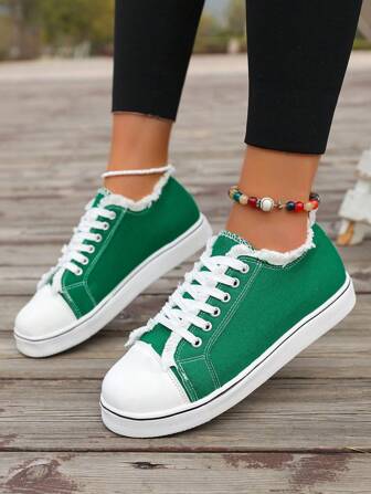 Women's Round Toe Casual Canvas Sneakers With Lace-Up And Frayed Design, 2026 Spring/Autumn New Campus Style For Daily Wear, Home, Work, Travel, All Season, PVC Lightweight & Breathable Sole