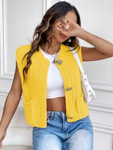 Women's Fashion Sleeveless Short Chunky Knit Cardigan With Solid Buttons And Pockets - Yellow - View 7