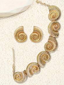 1 pièce Collier classique en métal doré avec motif conque et 1 paire de boucles d'oreilles en spirale en métal doré, accessoires de plage à la mode