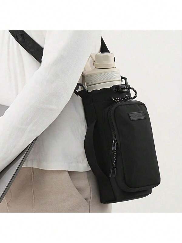 1 Nuevo estilo de bolso mensajero con cordón, portátil, para taza de agua, teléfono móvil, bolsa de botella para deportes al aire libre, soporte para botella de agua, para viajes, senderismo y camping, con correa ajustable para el hombro, bolsillo con cremallera para accesorios, con vibraciones bohemias.