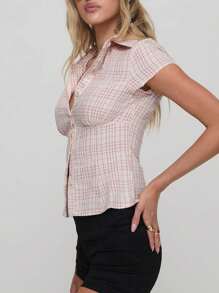 Women's Y2K Plaid Shirt Button-Up Short Sleeve Collared Slim Fit Casual Summer Blouse Tops - Hồng - Xem 3