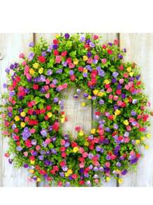 18in Farmhouse Colorful Cottage Wreath Spring Decoration, Durable And Stable Beautiful Artificial Wreath, All Seasons Hanging Ornament Festival Home Decor Yard Wedding Decoration - G - 查看 4