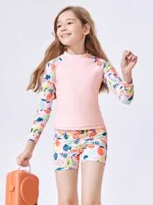 Balabala Tween Girl Tropical Plant Print Raglan Sleeve Top And Shorts Swimsuit Set - Yellow - View 1