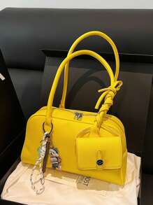 1 件女士时尚 PU 皮革双手柄手提包，迷你单肩包，带饰品装饰，容量大，用途广泛，适合日常使用、外出、配饰礼品