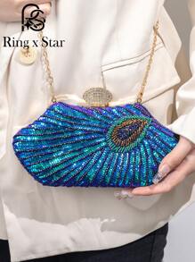 1 pieza Bolso de noche de mujer con forma de pavo real con lentejuelas, Brillante bolso de noche con forma de pavo real, se puede combinar con cheongsam, vestido de noche, para participar en varios eventos y fiestas, elegante bolso de noche