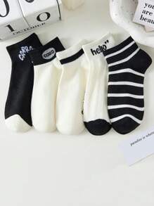 3pcs/5pcs Women Striped & Letter Print Short Socks, Thin Casual Ankle Socks, Korean/Japanese Style