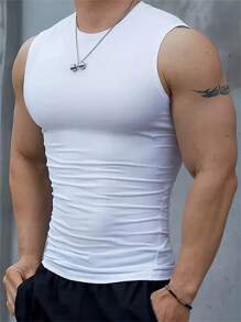 Men's Sports Fitness Sleeveless Vest, High Elastic Knitted Fabric, Solid Color, Tight Fit Style, Quick Dry Fitness Sports Tank Top, Suitable For Gym, Running, Training, Outdoor