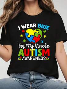 Awareness Month Heart I Wear Blue For My Uncle T-Shirt, Printed  Casual Crew Neck T-Shirt For Women - Summer & Spring Short Sleeve, Breathable 100% Cotton Top
