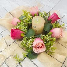 1pc Fake Flower Plant Candle Ring Artificial Silk Rose Wreath Plant Wreath Candle Holder For Wedding Decoration Bridal Bouquet Garden Gifts Birthday Graduation