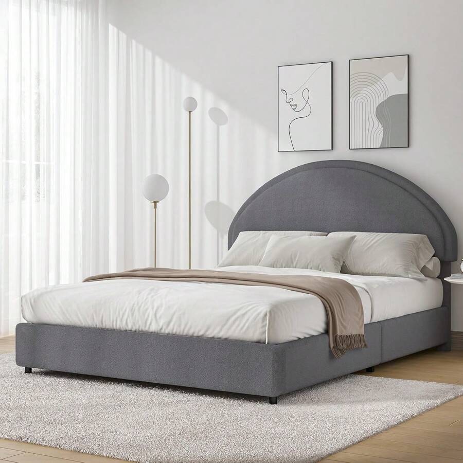 Upholstered Bed Frame With Round Headboard, Boucle Soft Bed Frame With Headboard And Footboard, Cloud Bed Frame, Twin/ Full/ Queen/ King, Pink/ White/ Light Grey/ Dark Grey - Light Grey - View 1
