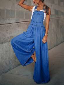 Women's Loose-Fit Adjustable Strap Wide-Leg Denim Overalls Jumpsuit