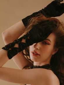 Vintage Gothic Black Bridal Gloves, Satin Pearl Bow Lolita Punk Party Photoshoot Prop Accessory Arm Sleeves