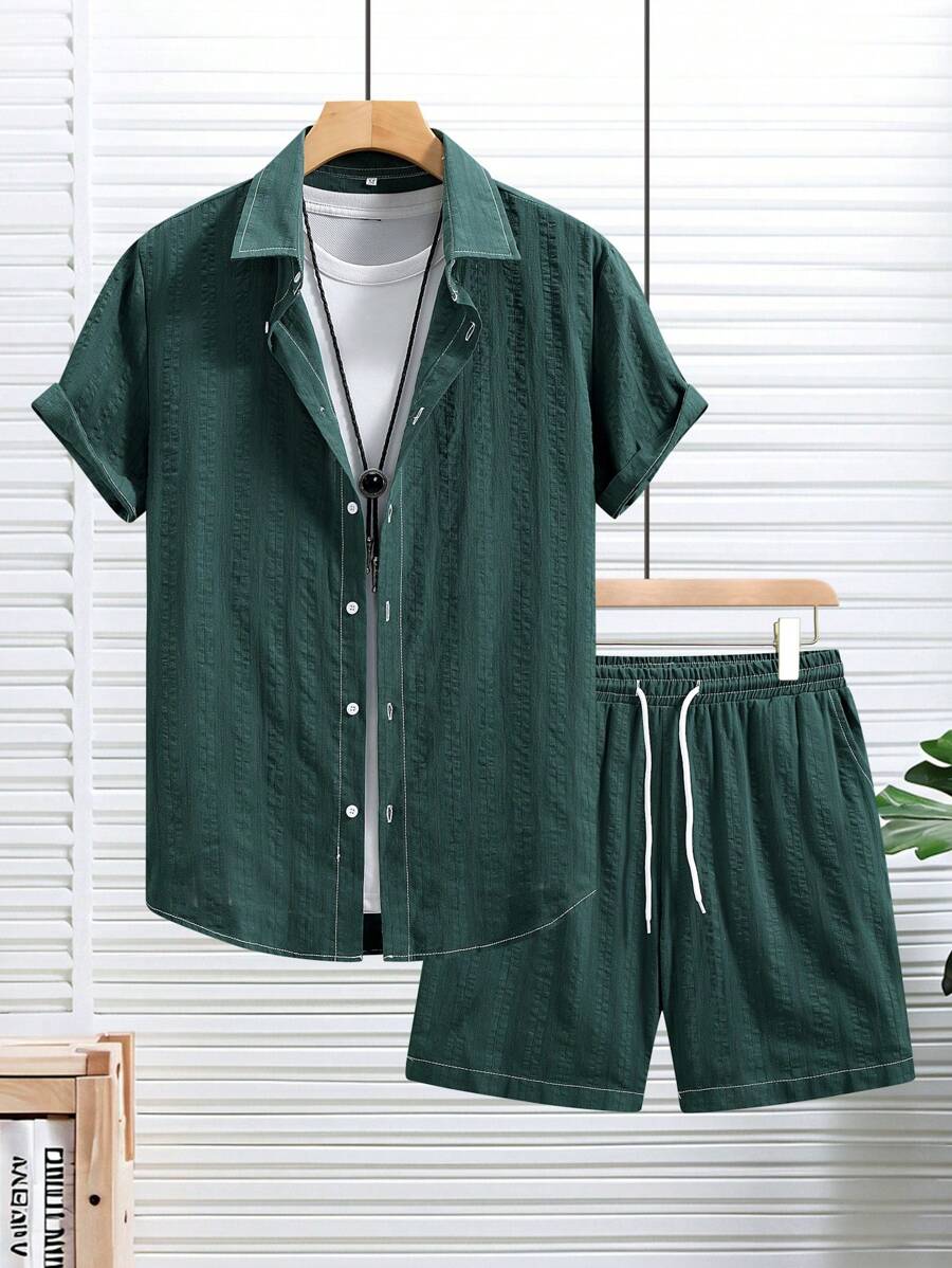Men's Plain Single-Breasted Short Sleeve Shirt And Shorts Set - Green - View 1