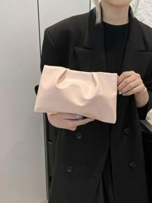 新款春夏时尚纯色手拿包24cm宽底褶皱云朵包纯色休闲信封包化妆包旅行配件包内胆包洗漱包收纳袋 - 粉色 - 查看 5