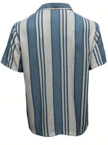 Men's Casual Striped Short Sleeve Shirt, Fashionable & Versatile, Collared, Full Front Button Design, Suitable For Business, Work, And Leisure Wear - Blue - View 3