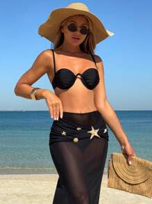 Women's Summer Underwire Bikini Set Plus Starfish Metal Decoration Mesh Skirt Vacation 3pcs - Black - View 1
