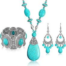 1set Retro Turquoise Beaded Sweater Chain, Necklace, Earrings And Bracelet Jewelry Set, Suitable For Women Daily Wear