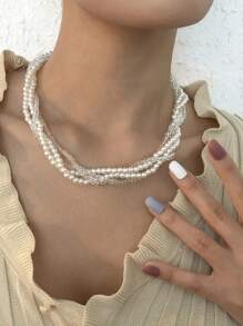 Fashionable Multi-Layer Pearl Necklace For Women, Elegant Vintage Exaggerated Choker Necklace - White - View 4