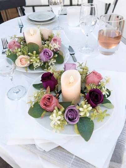 1 pieza Anillo para vela de planta de flores artificiales, corona de rosas de seda artificiales para decoración de boda, ramo de novia, jardín