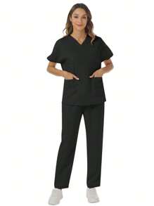Ensemble de tenue de travail (Top col V manches courtes couleur unie et pantalon à taille élastique multi-poches)
