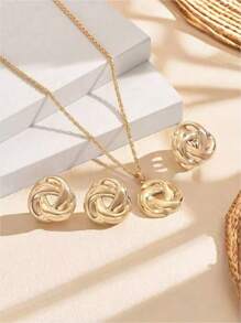 Hegaze 1 Set Fashionable & Elegant Metal Exaggerated Smooth Twist Necklace, Ring, Earrings Jewelry Set For Women