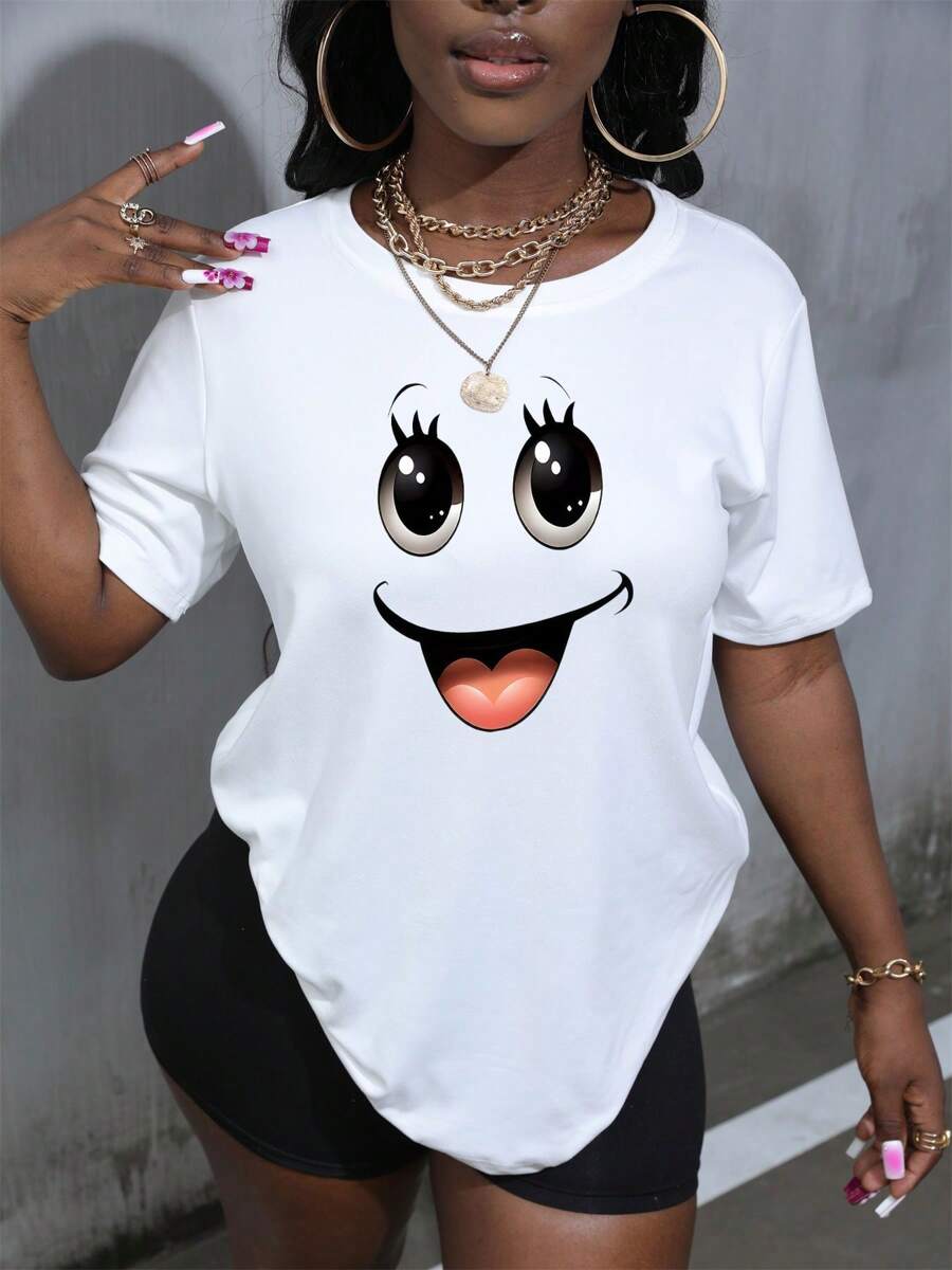 可爱女鬼笑脸万圣节派对圆领短袖 T 恤 - 白色 - 查看 1