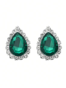 Retro Tear Drop Crystal Rhinestone Earring Stud For Women 1 Pair - Dark Green - View 3