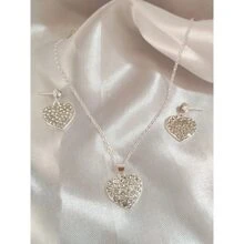 Silver Plated Zirconia Heart Necklace + Earring Kit - Bạc - Xem 2