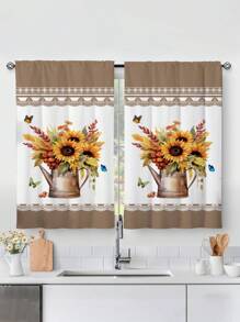 2pcs Sunflower Print Kitchen Window Curtain,Without Holes Curtain,Refer To Bedroom Office Kitchen Living Room Study Home Decor