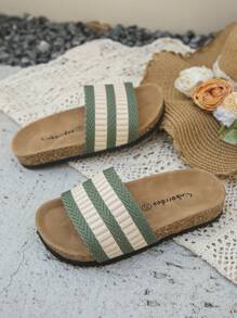 1 paar nieuwe minimalistische casual geweven gestreepte contrasterende kleurdecoratie voor kinderen, antislip zachte kurk platte open teen strandsandalen, geschikt voor de zomer