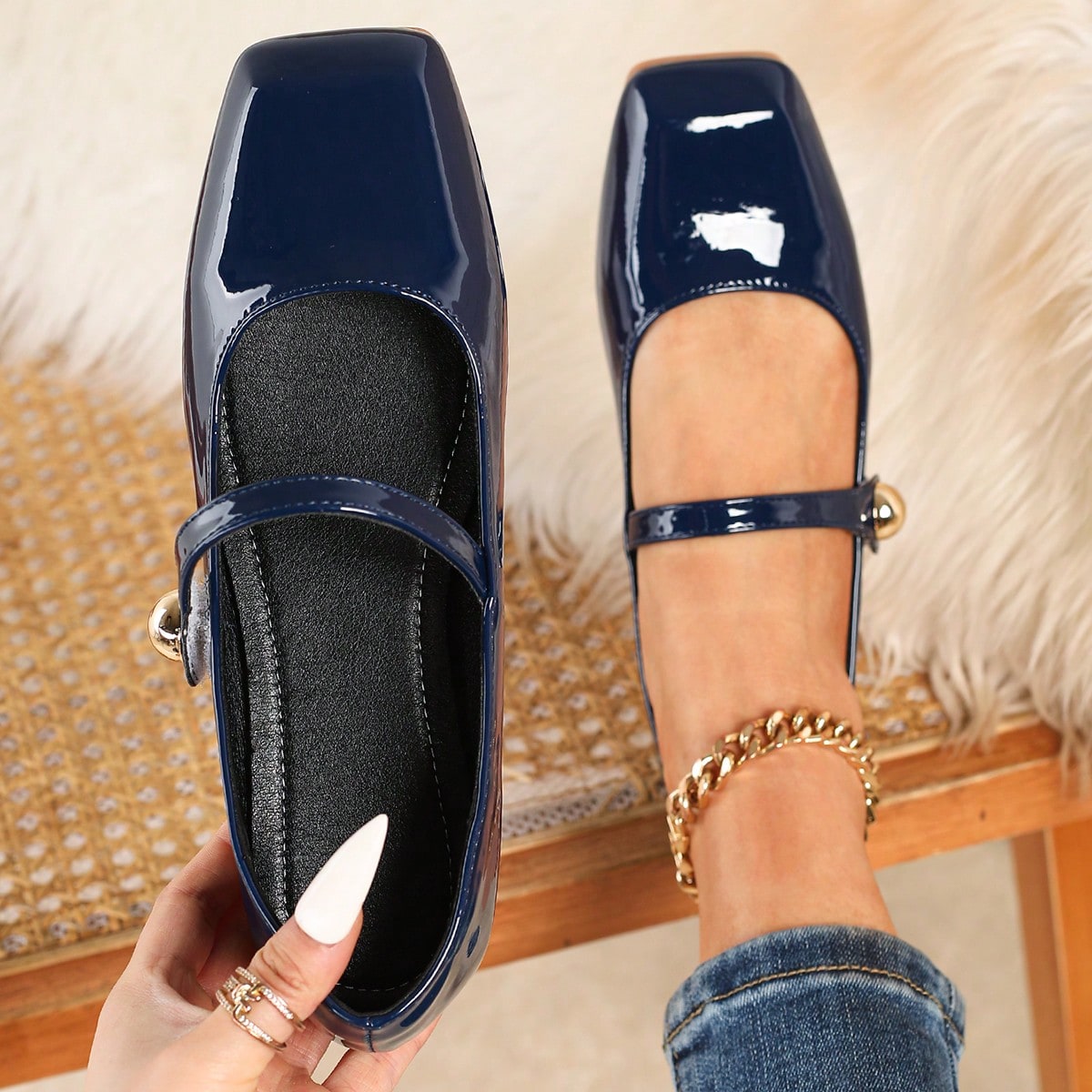 Bailarinas de estilo retro con punta cuadrada para mujer, zapatos casuales versátiles para primavera/otoño, 2025 Nuevos mocasines brillantes para of