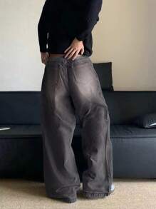 1pc Men's High Street Casual Versatile Loose Fit Distressed Wide Leg Jeans